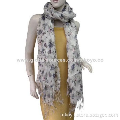 Textured cotton scarf with butterfly screen printing and tassels, environment-friendly, woven
